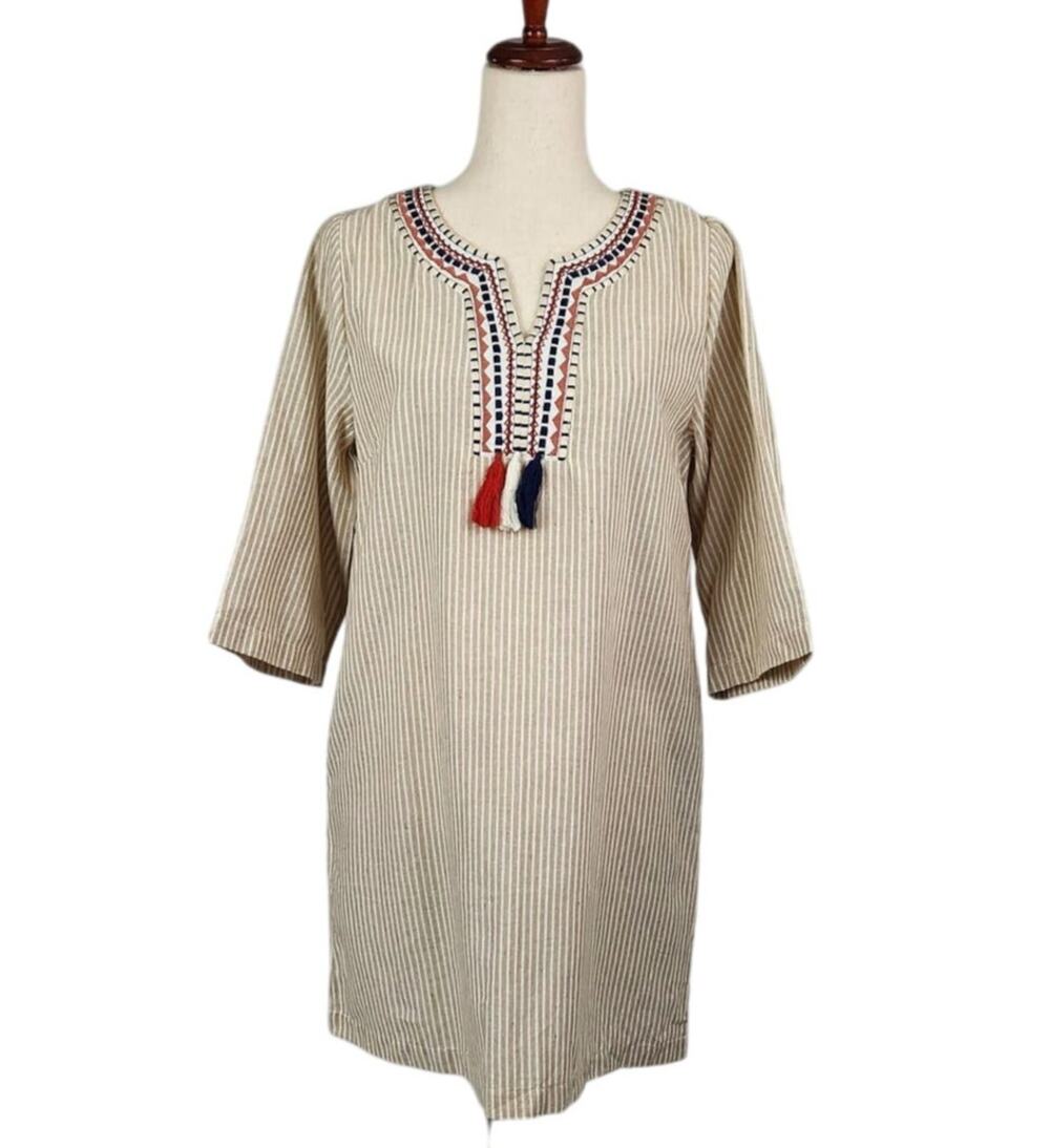Hayden Tunic Dress Embroidered Split Neck Tassels Striped Womens Size Medium New